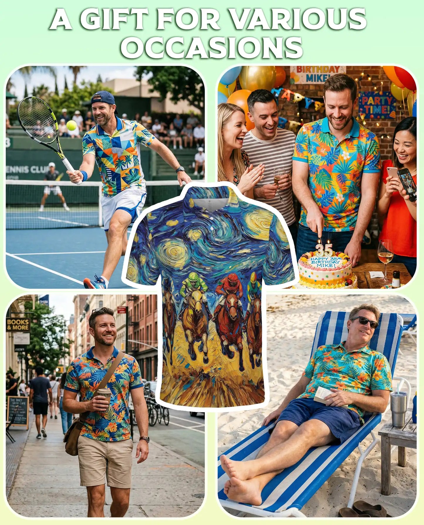 Starry Night Horse Racing 3D Polo Shirt for Men – Artistic Jockey Derby Style | Netecom