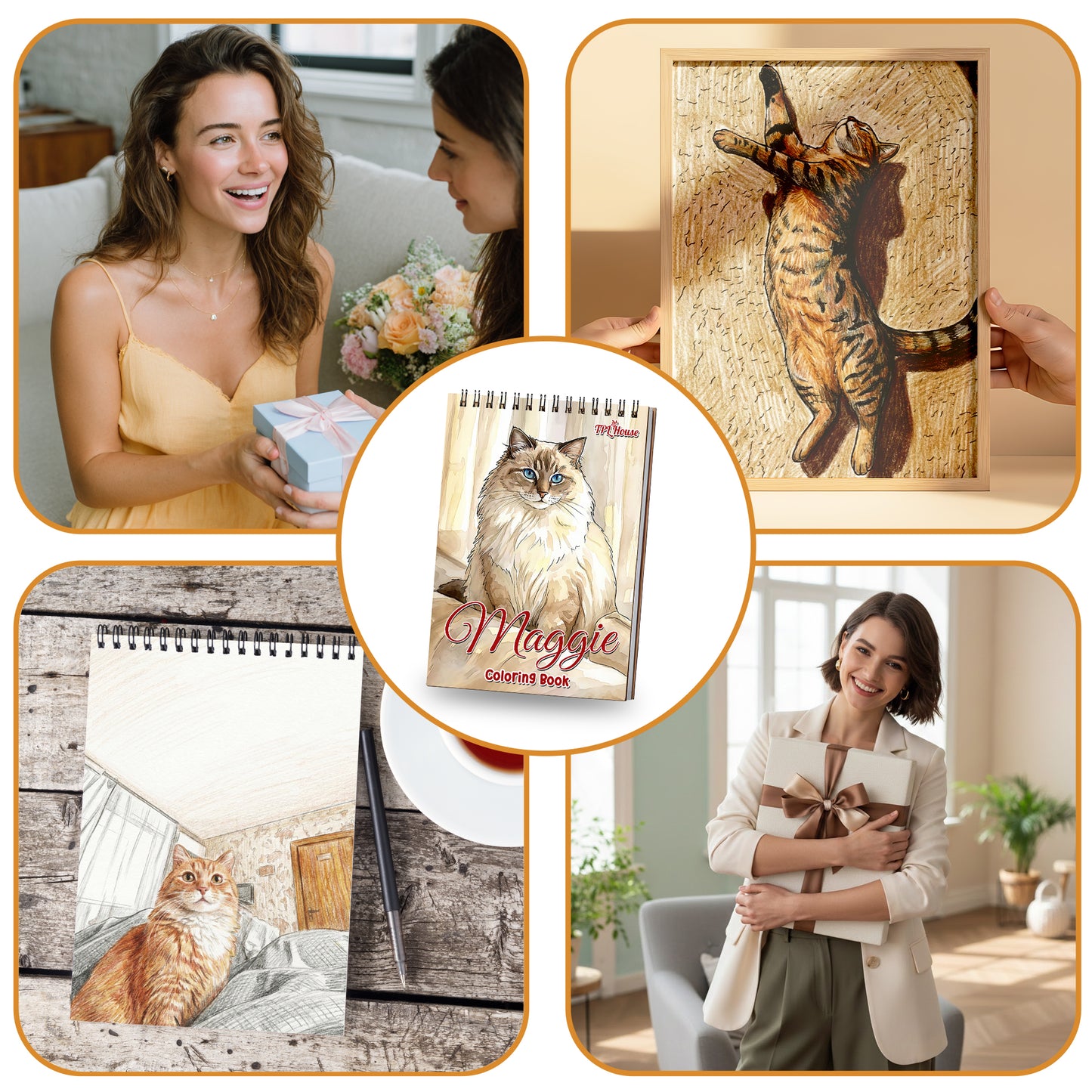 Personalized Cat Coloring Book for Adults – Custom Cat Line Art Coloring Pages from Photos, 12–48 Pages, Pet Memory Keepsake for Pet Lovers, Premium Wooden Cover, Spiral Binding