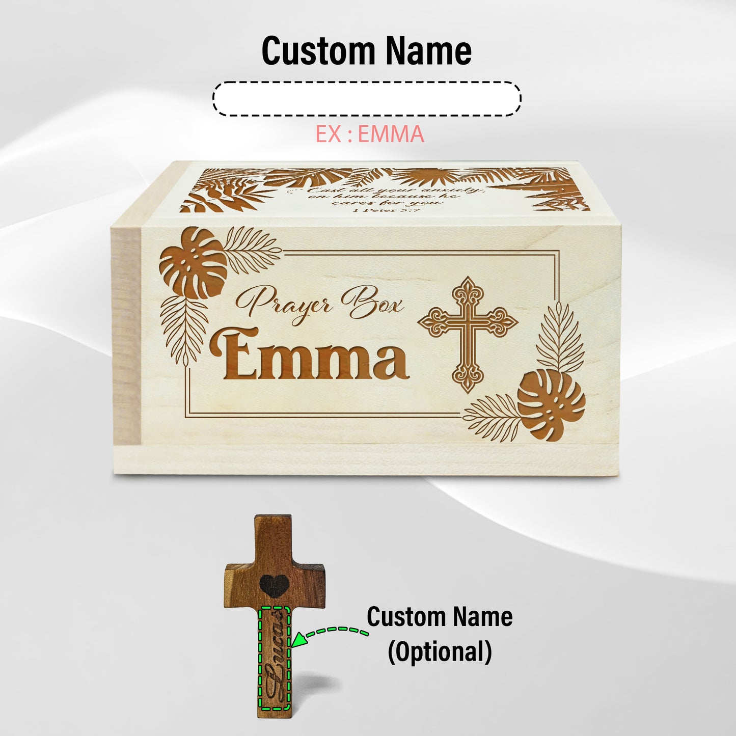 Netecom Personalized Wooden Prayer Box with Custom Name Hand Cross, 100 Prayer Request Cards – Christian Gift for Christmas, Easter & Everyday Prayer