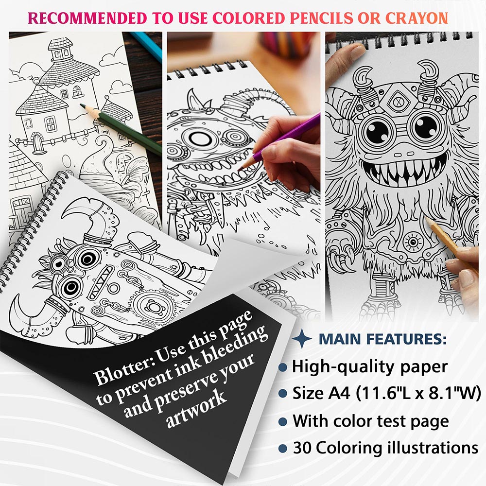 NETHOUSE Adorable Steampunk Monster Coloring Sheets For Adults