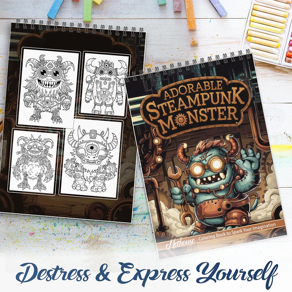 NETHOUSE Adorable Steampunk Monster Spiral Coloring Book For Adults