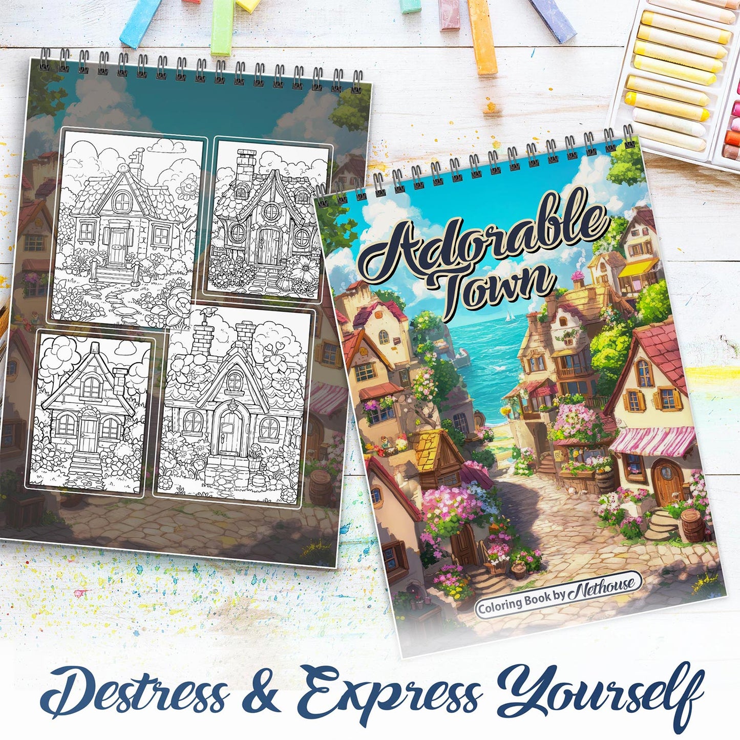 NETHOUSE Adorable Town Spiral Coloring Book For Adults