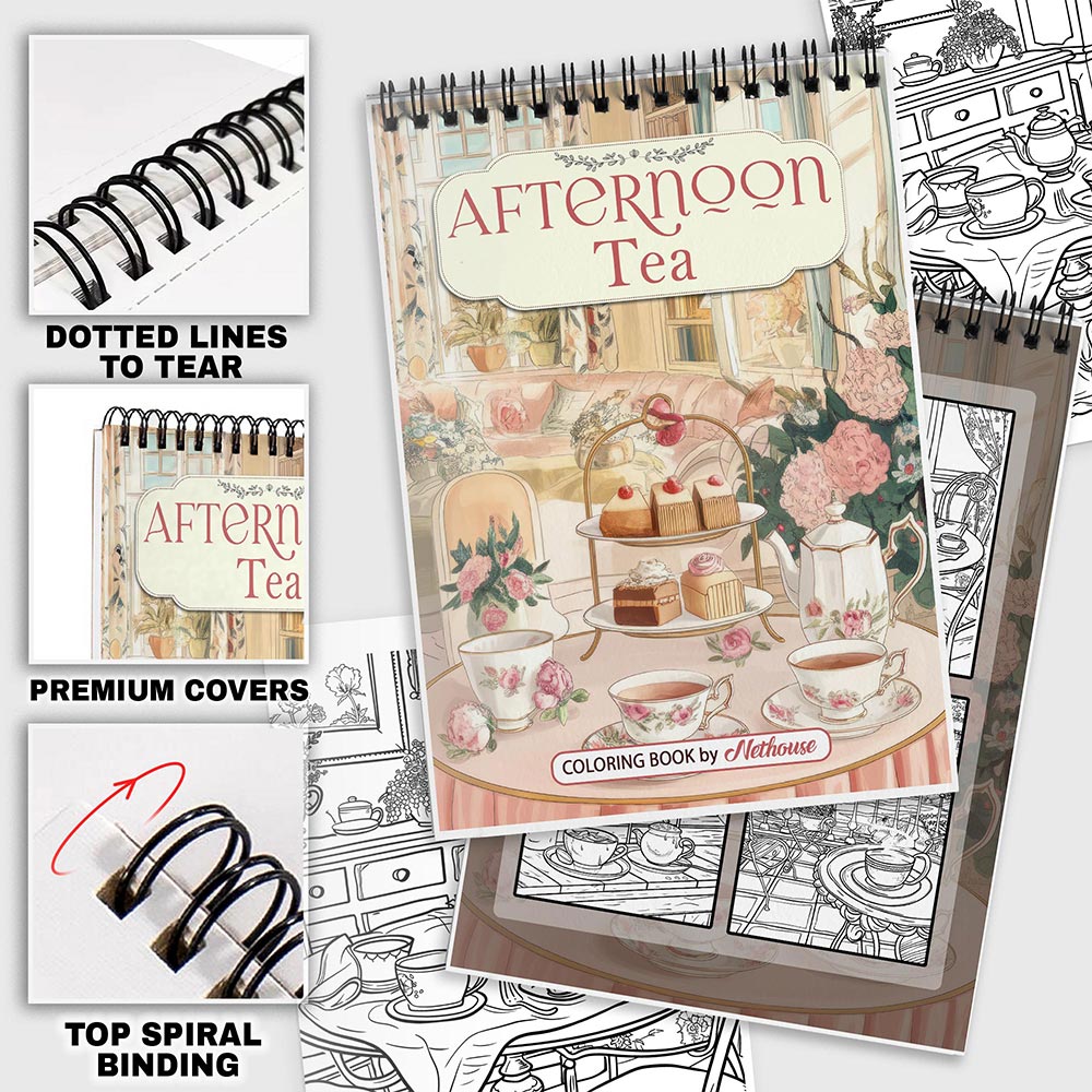 NETHOUSE Afternoon Tea Coloring Book For Adults Relaxation & Stress Relief, 30 Coloring Pages of Elegant Tea Sets, Cozy Tea Parties, Delicate Teacups, and Charming Afternoon Garden Scenes