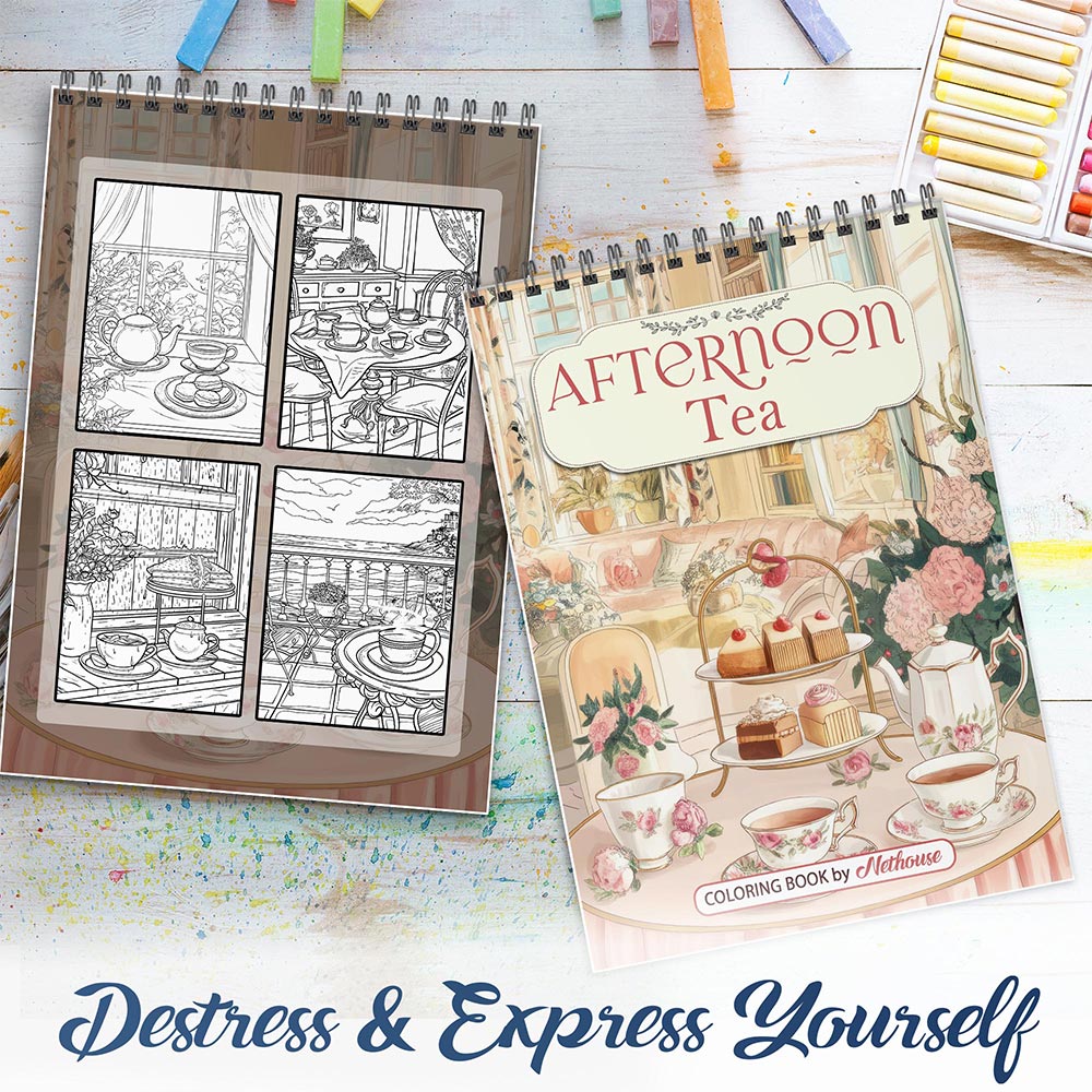 NETHOUSE Afternoon Tea Coloring Book For Adults Relaxation & Stress Relief, 30 Coloring Pages of Elegant Tea Sets, Cozy Tea Parties, Delicate Teacups, and Charming Afternoon Garden Scenes