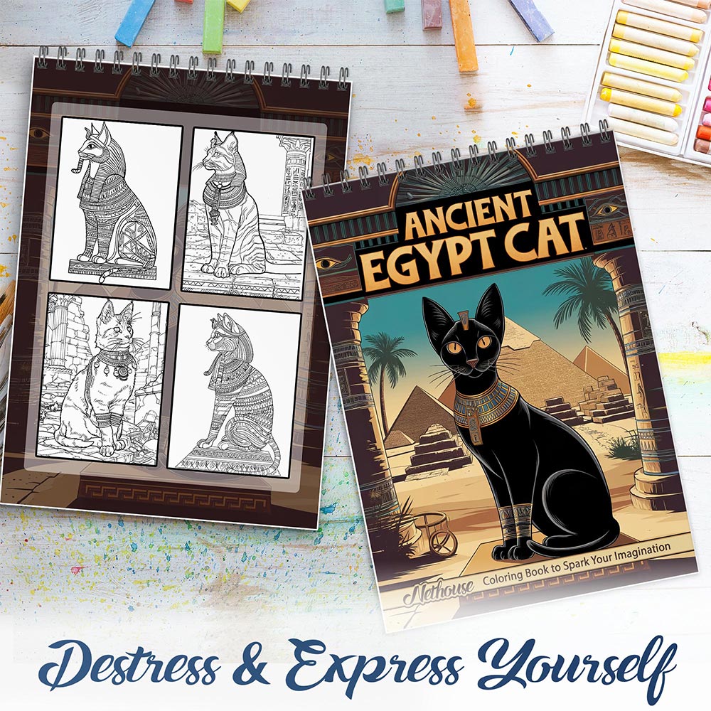 NETHOUSE Ancient Egypt Cat Spiral Coloring Book For Adults