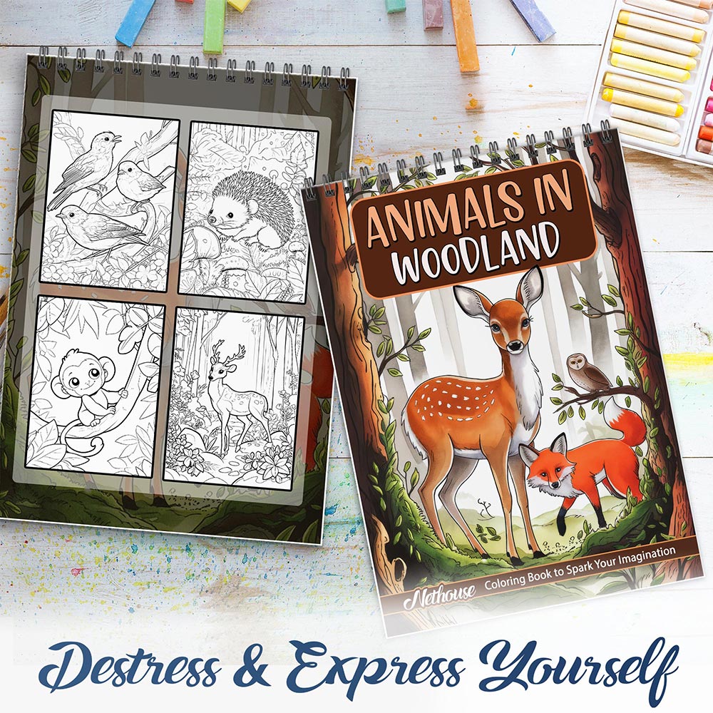 NETHOUSE Animals In Woodland Spiral Coloring Book For Adults