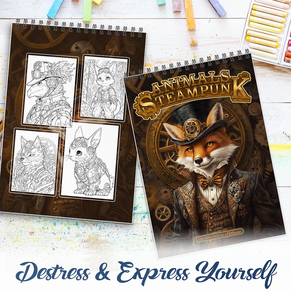 NETHOUSE Animals Steampunk Spiral Coloring Book For Adults