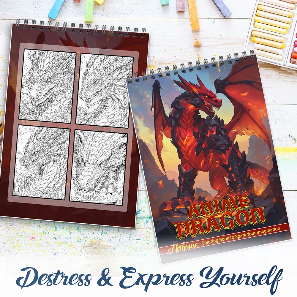 NETHOUSE Anime Dragons Spiral Coloring Book For Adults