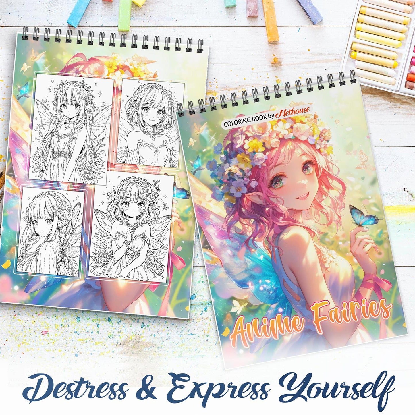 NETHOUSE Anime Fairies Coloring Book Spiral Bound For Adults