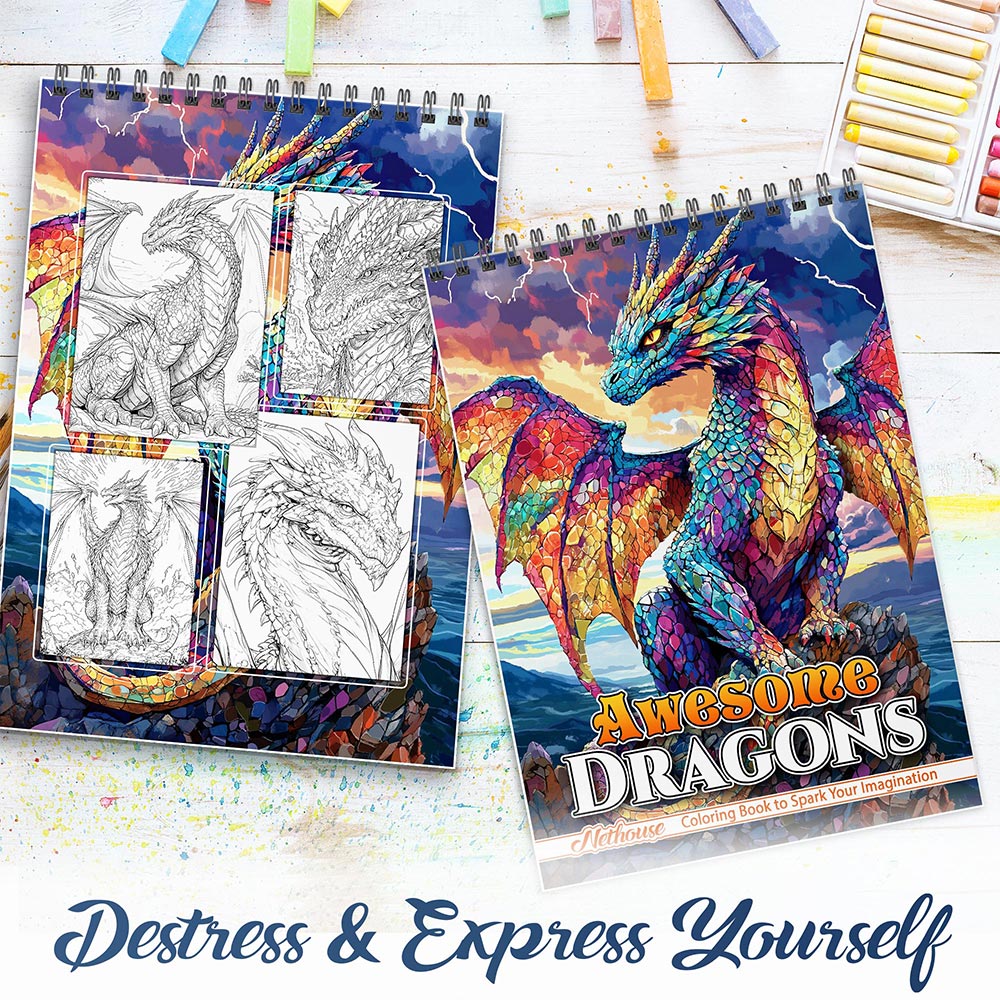 NETHOUSE Awesome Dragons Spiral Coloring Book for Adults