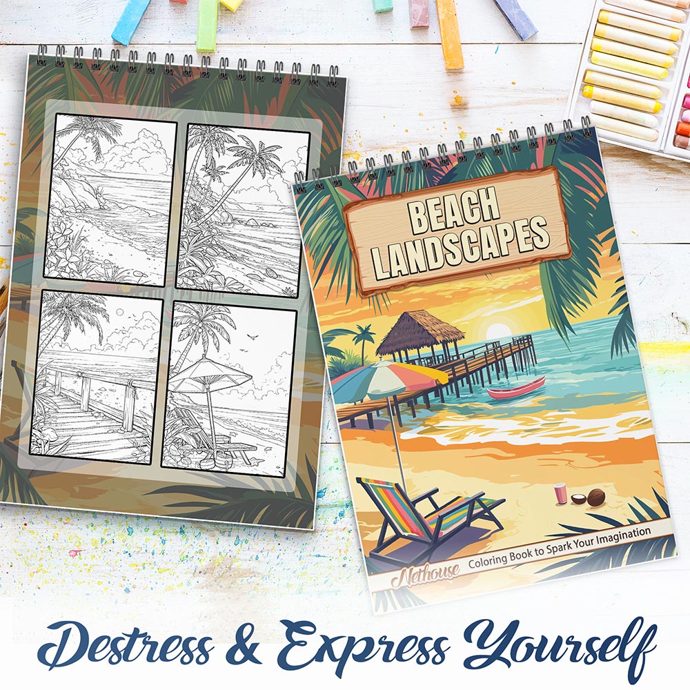 NETHOUSE Beach Landscapes Spiral Coloring Book For Adults