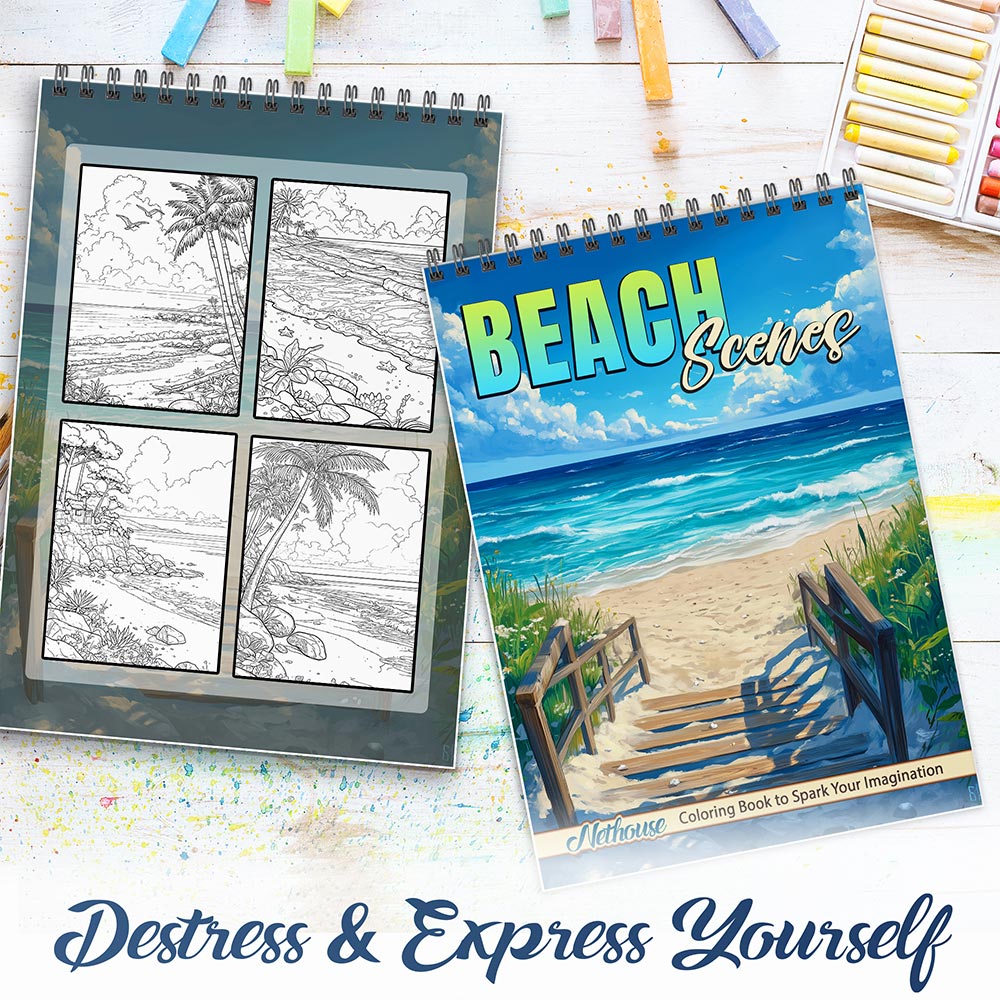 NETHOUSE Beach Scenes Spiral Coloring Book For Adults