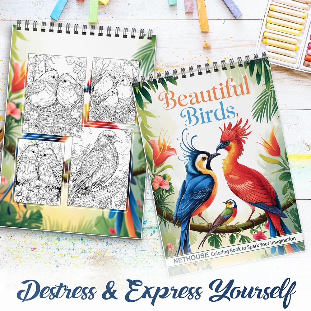 NETHOUSE Beautiful Birds Spiral Coloring Book for Adults