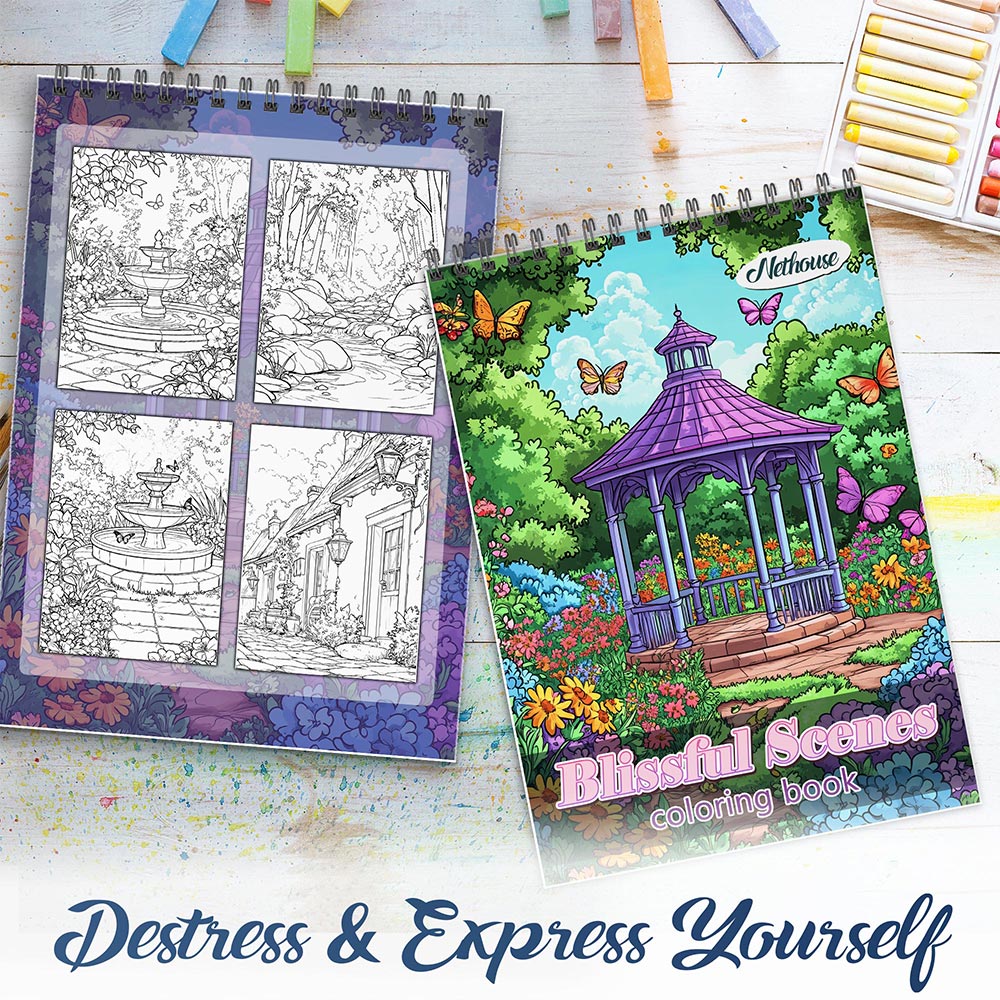 NETHOUSE Blissful Scenes Spiral Coloring Book For Adults