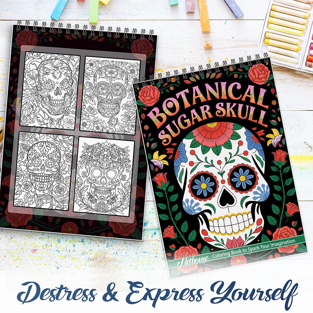 NETHOUSE Botanical Sugar Skull Spiral Coloring Book For Adults