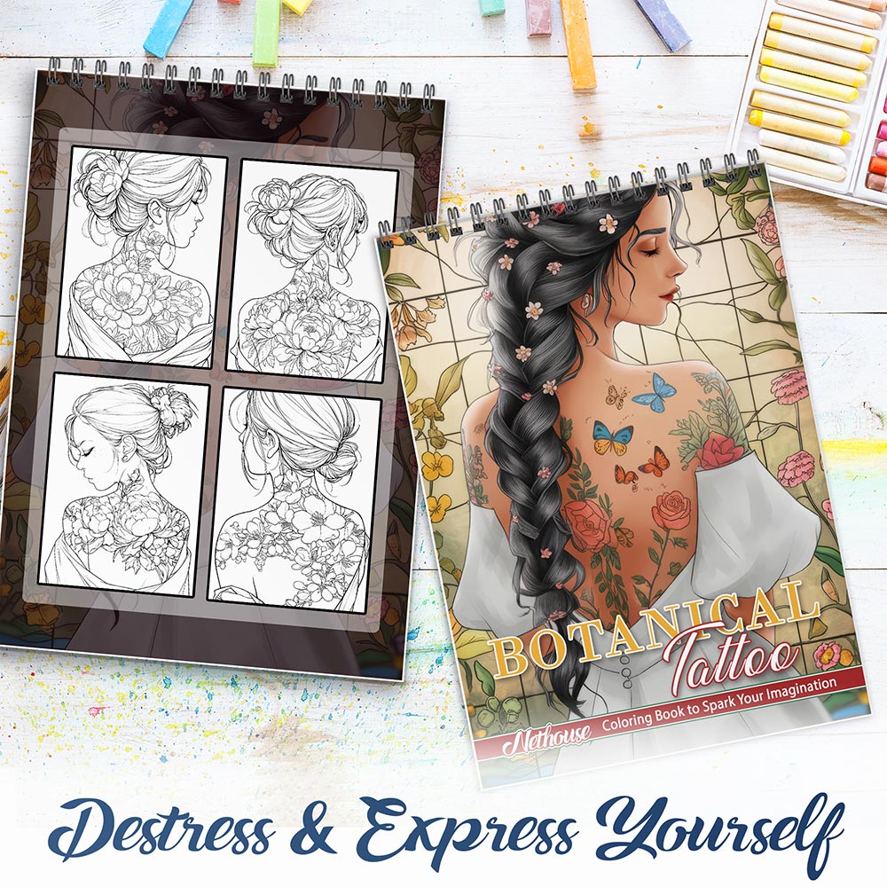 NETHOUSE Botanical Tattoo Spiral Coloring Book For Adults