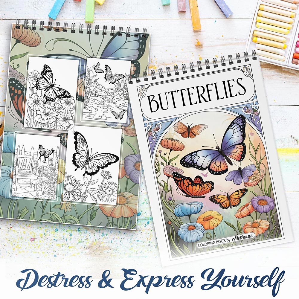 NETHOUSE Butterflies Spiral Coloring Book for Adults