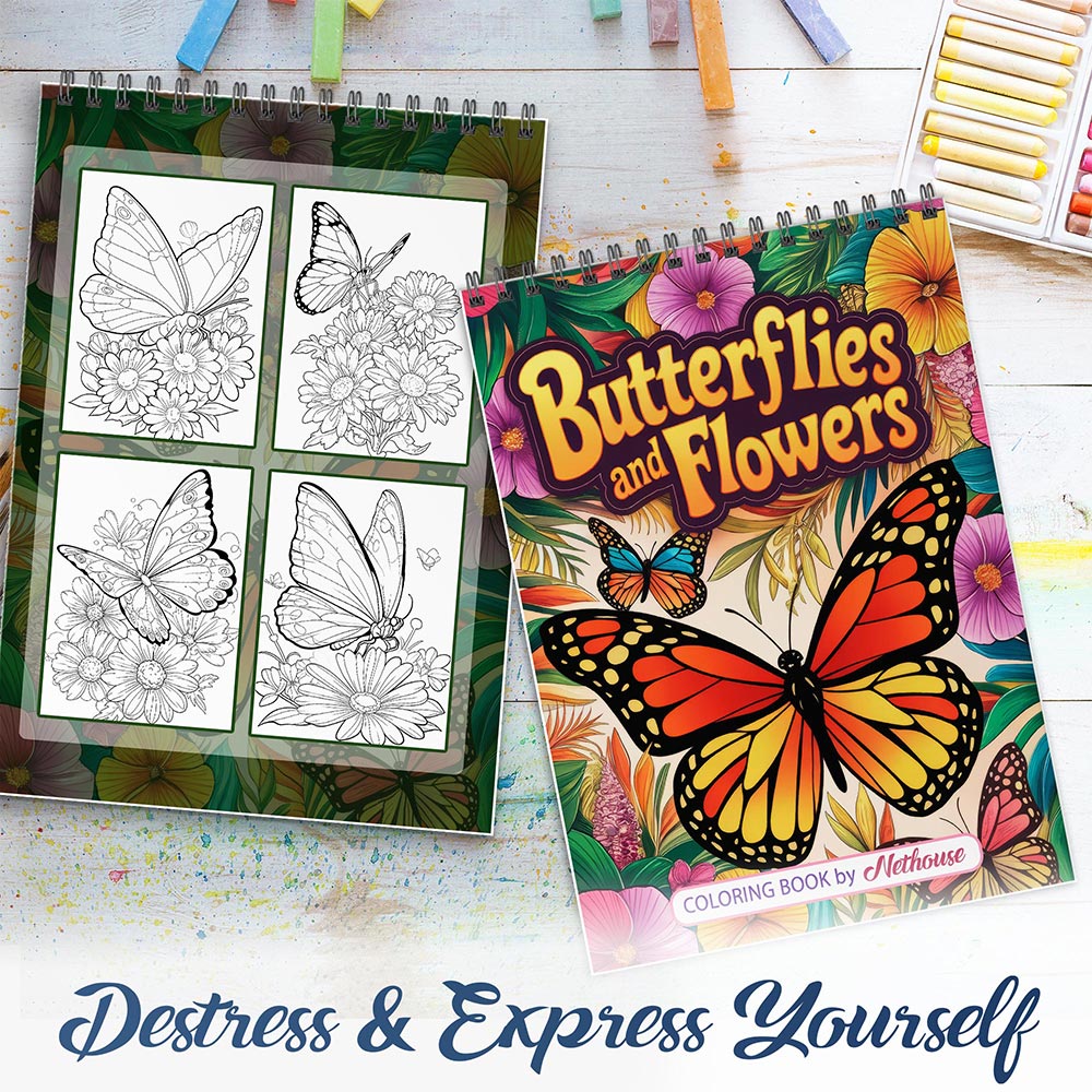 NETHOUSE Butterflies and Flowers Spiral Coloring Book For Adults