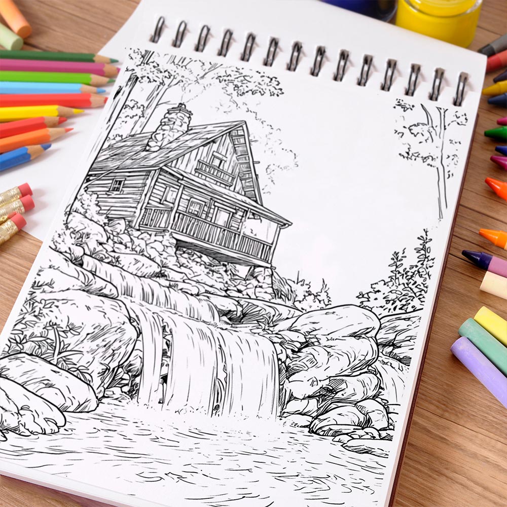 NETHOUSE Cabin in The Forest Coloring Book Spiral Bound For Adults