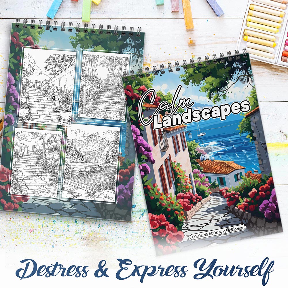 NETHOUSE Calm Landscapes Spiral Coloring Book for Adults