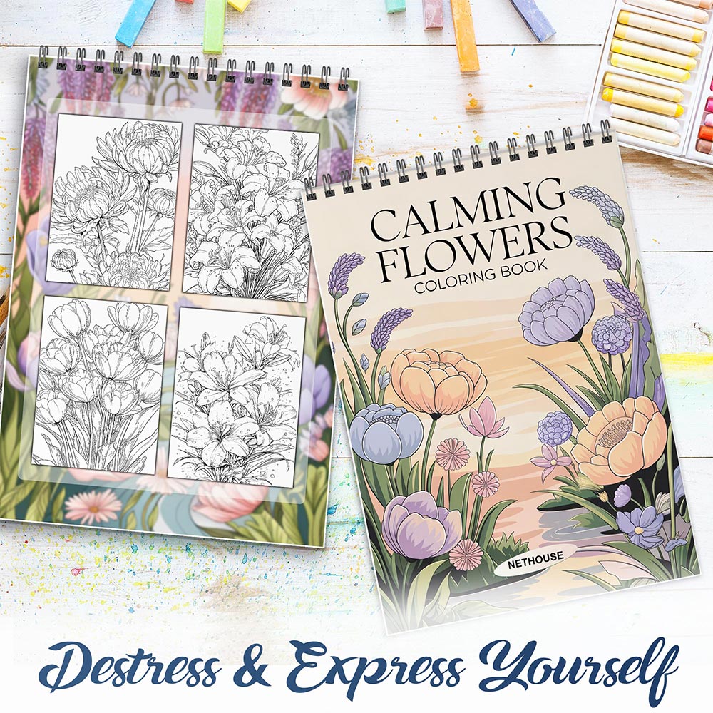 NETHOUSE Calming Flowers Spiral Coloring Book for Adults