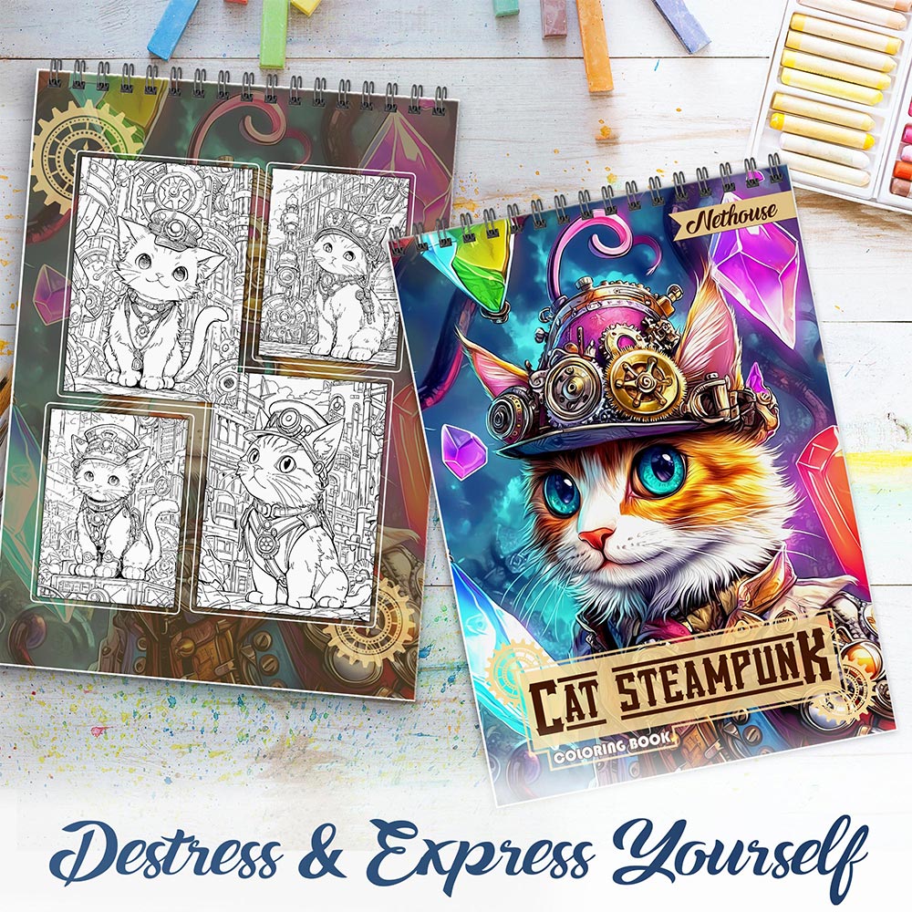 NETHOUSE Cat Steampunk Spiral Coloring Book For Adults