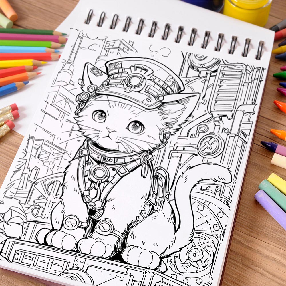 NETHOUSE Cat Steampunk Coloring Book Spiral Bound For Adults