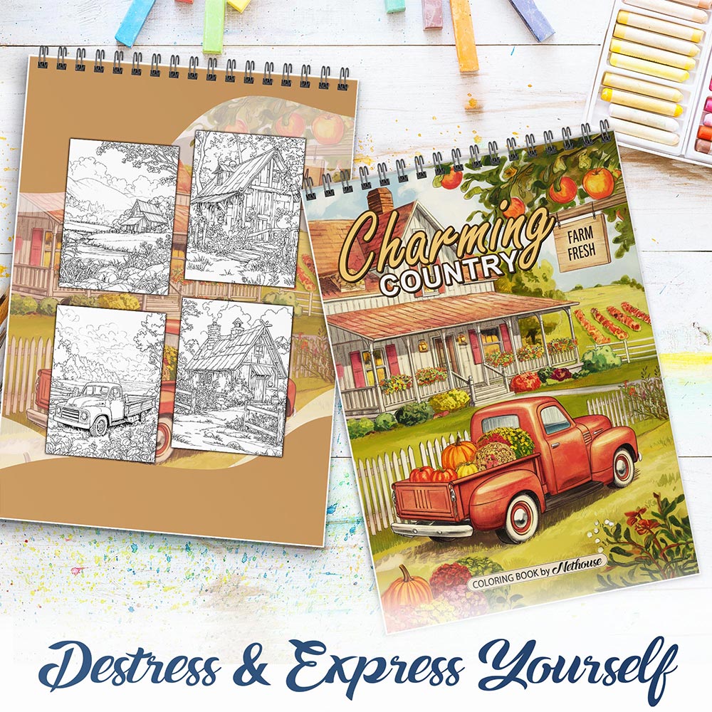 NETHOUSE Charming Country Spiral Coloring Book for Adults