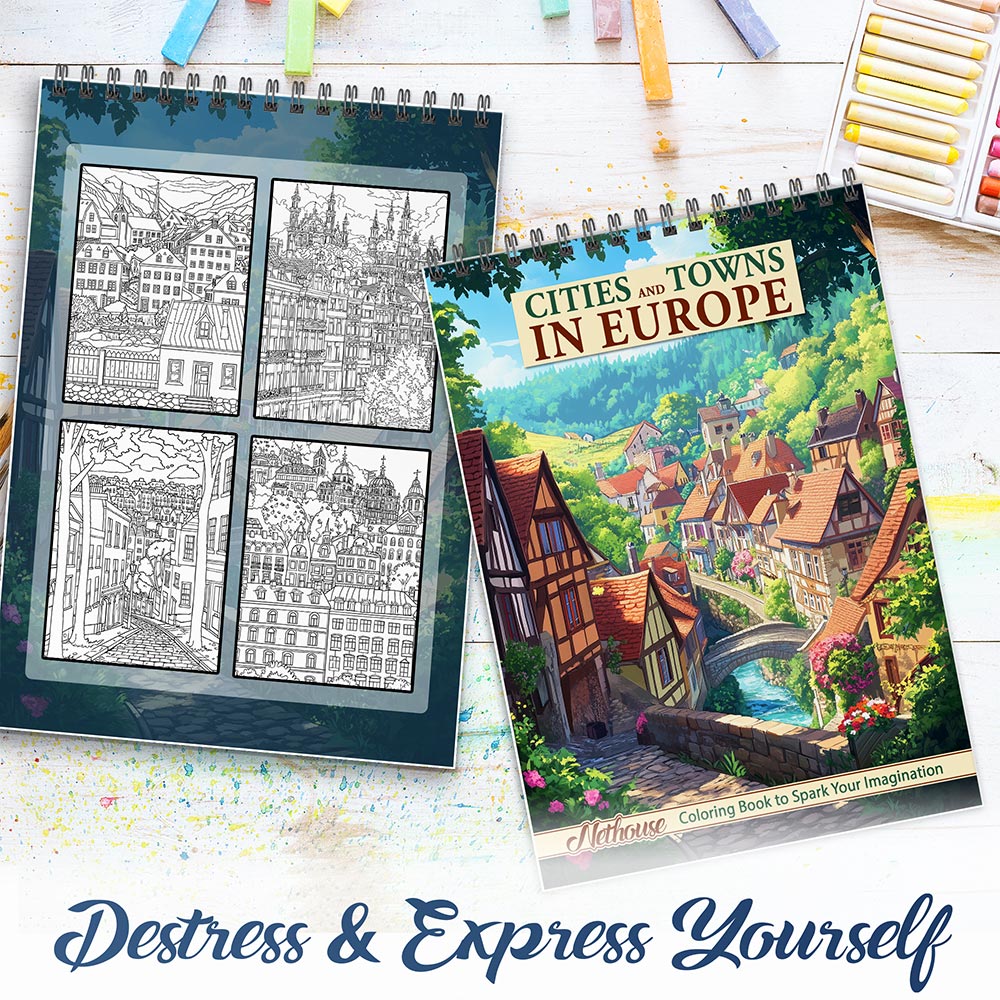 NETHOUSE Cities and Towns in Europe Spiral Coloring Book For Adults