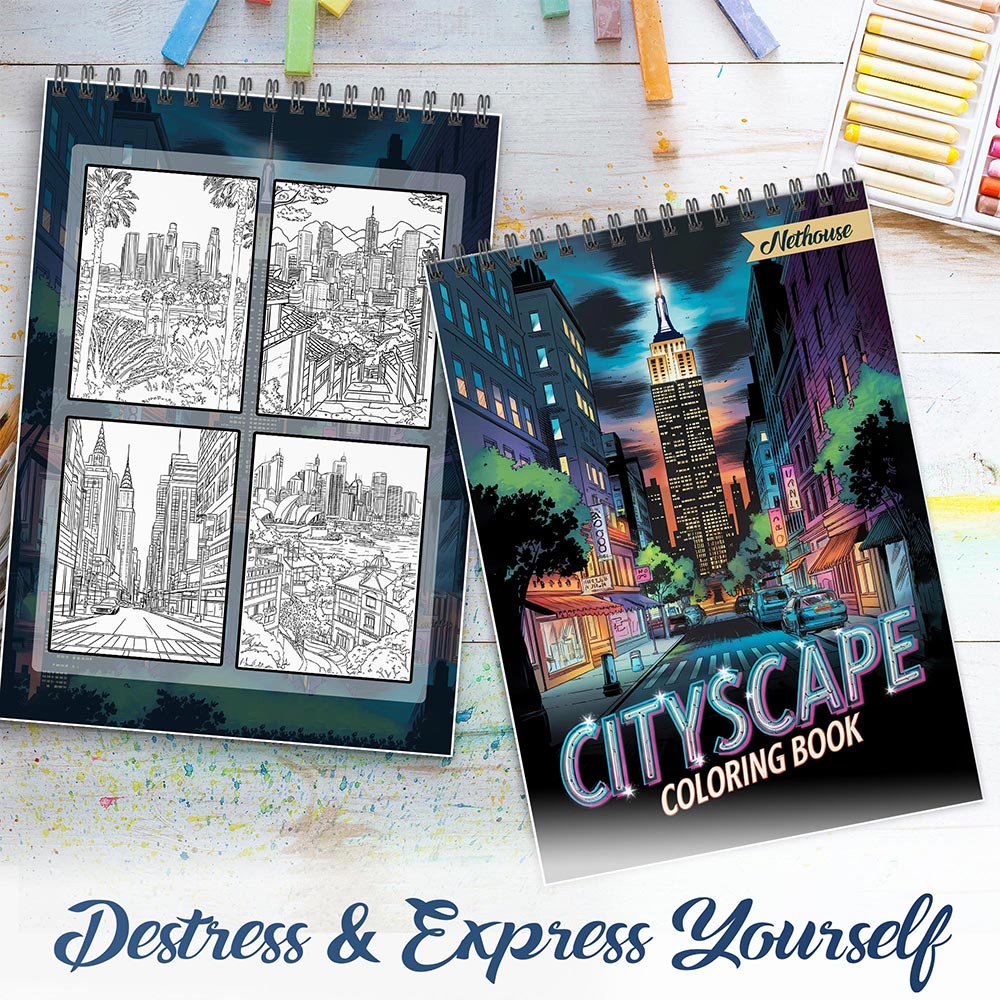 NETHOUSE Cityscape Spiral Coloring Book For Adults