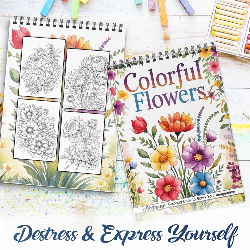 NETHOUSE Colorful Flowers Spiral Coloring Book for Adults