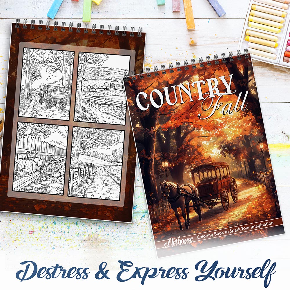 NETHOUSE Country Fall Spiral Coloring Book For Adults