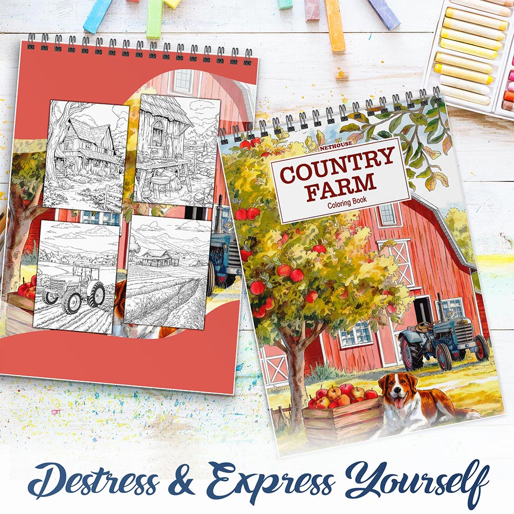 NETHOUSE Country Farm Spiral Coloring Book for Adults