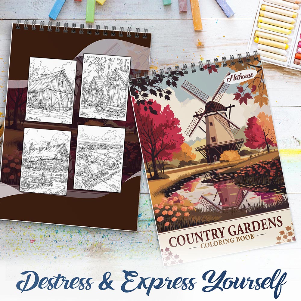 NETHOUSE Country Gardens Spiral Coloring Book For Adults