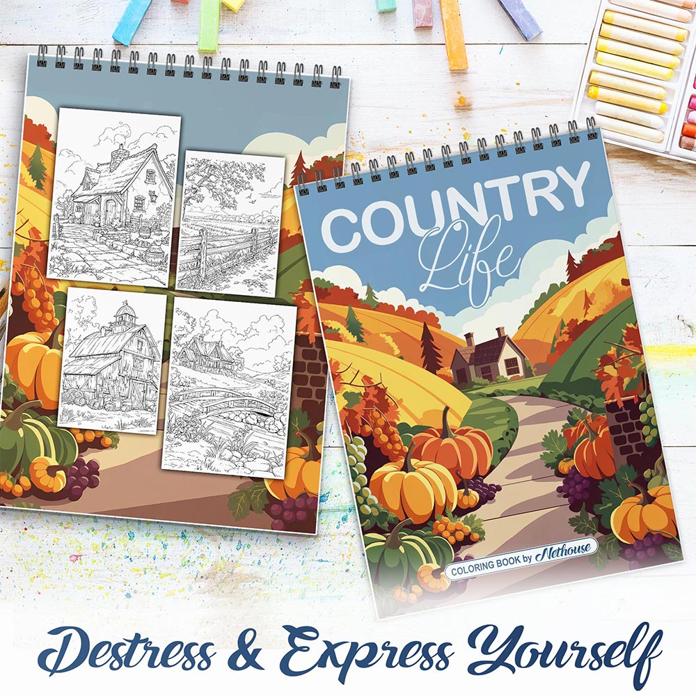 NETHOUSE Country Life Spiral Coloring Book for Adults