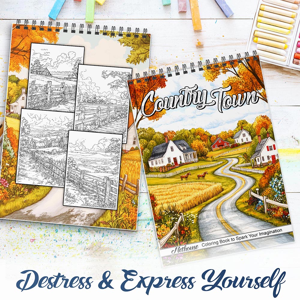NETHOUSE Country Town Spiral Coloring Book for Adults