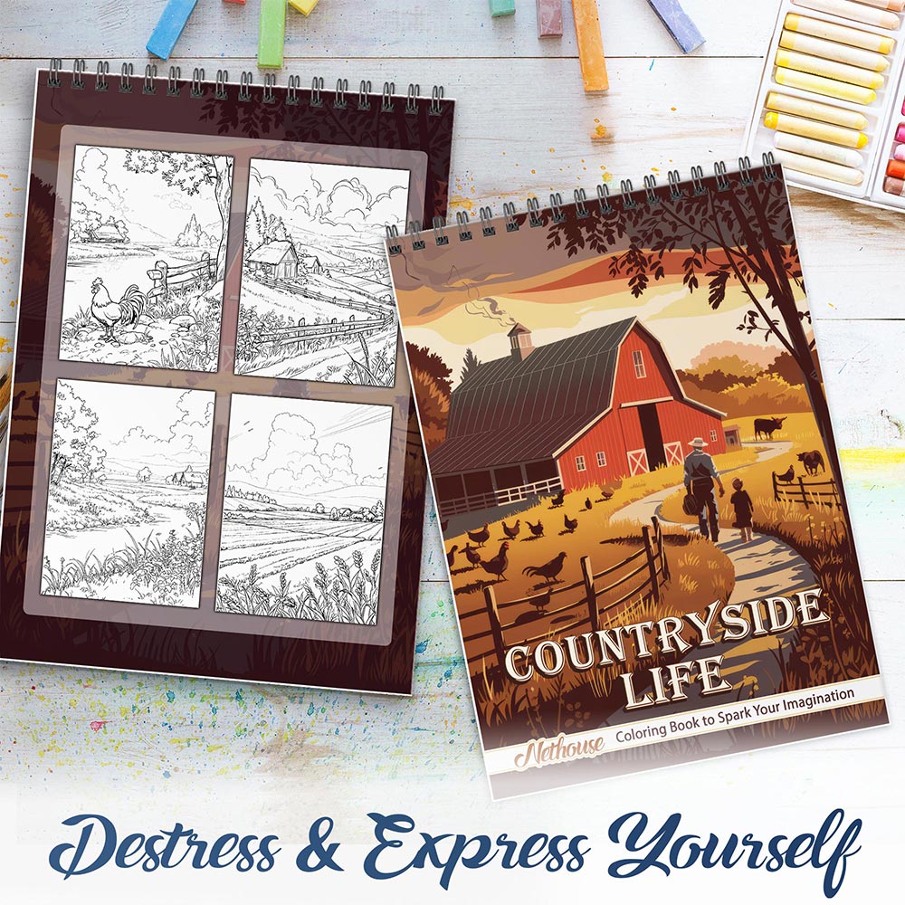 NETHOUSE Countryside Life Coloring Book Spiral Bound For Adults