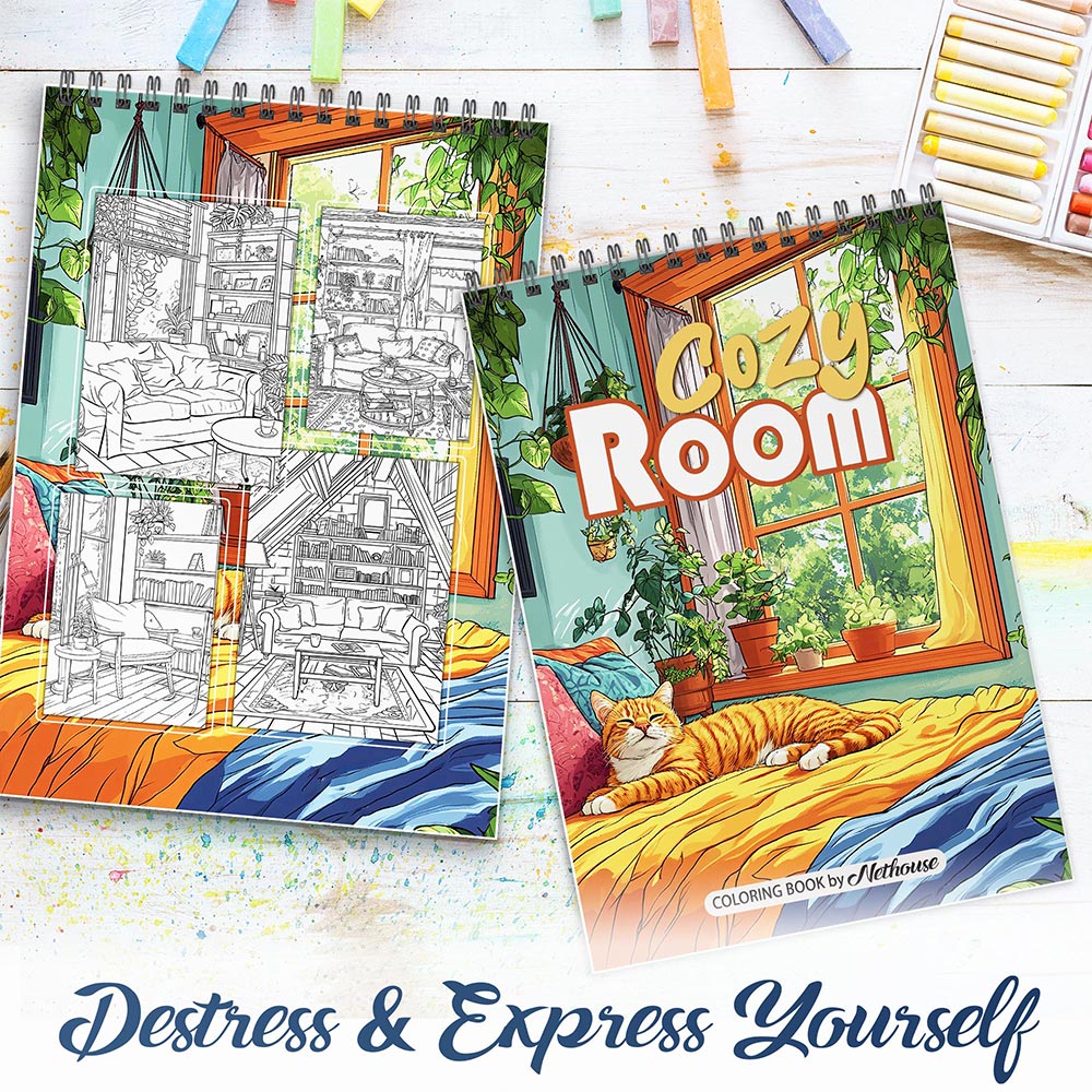 NETHOUSE Cozy Room Spiral Coloring Book for Adults