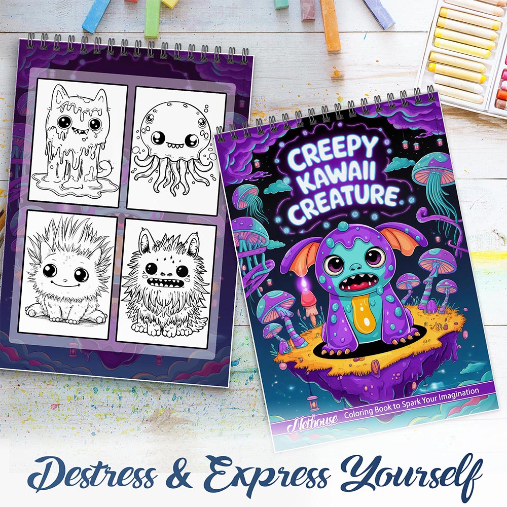 NETHOUSE Creepy Kawaii Creature Spiral Coloring Book For Adults
