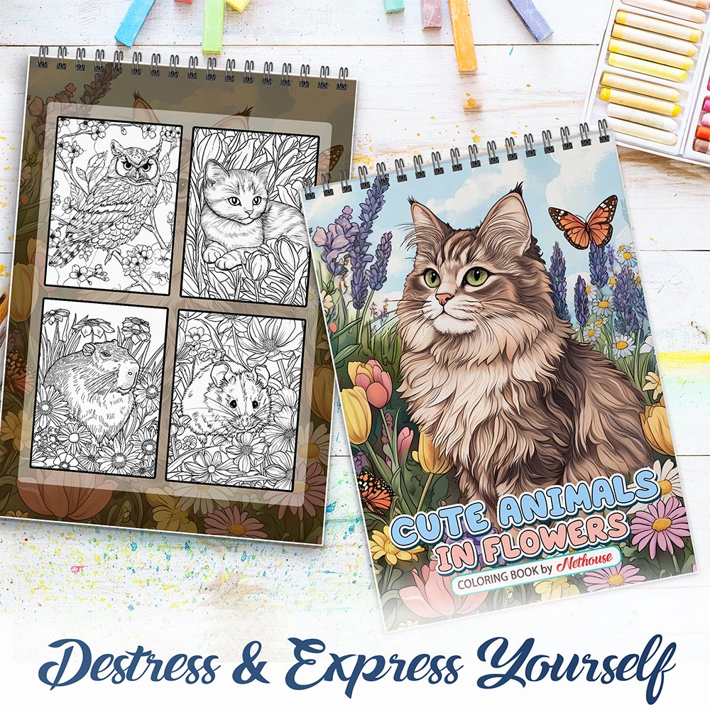 NETHOUSE Cute Animals in Flowers Spiral Coloring Book For Adults