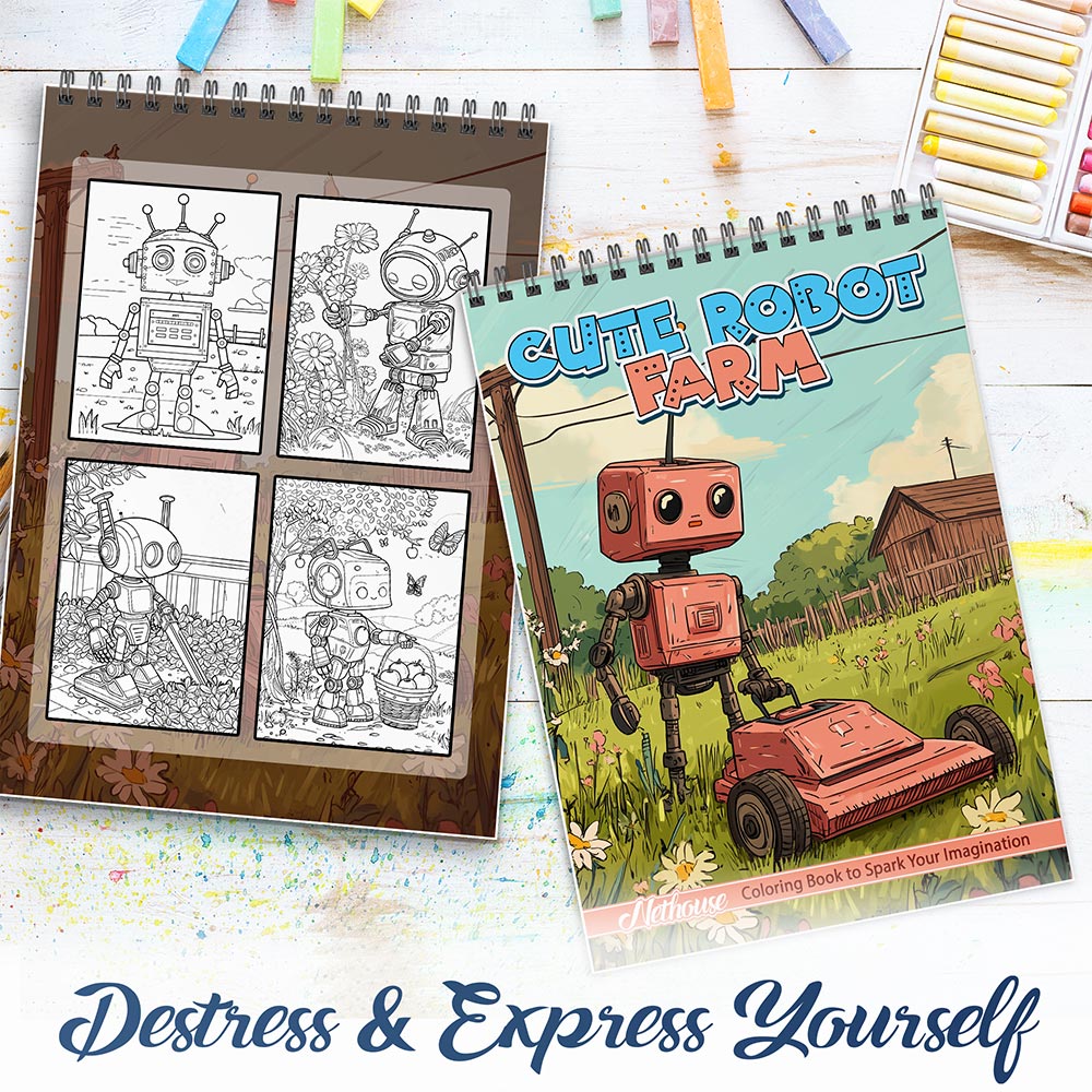 NETHOUSE Cute Farm Robot Spiral Coloring Book For Adults