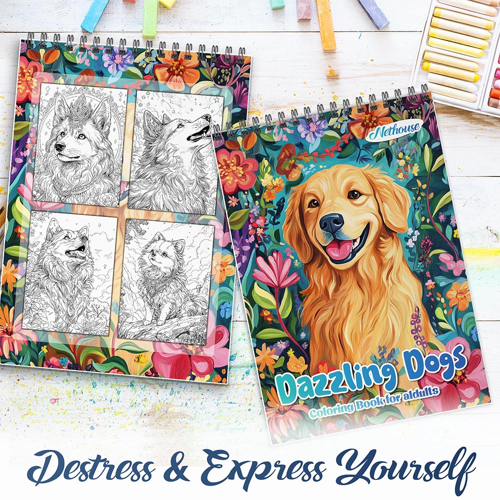 NETHOUSE Dazzling Dogs Spiral Coloring Book for Adults