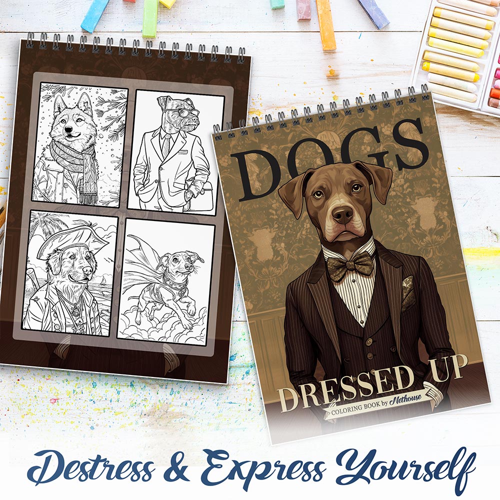 NETHOUSE Dogs Dressed Up Spiral Coloring Book For Adults