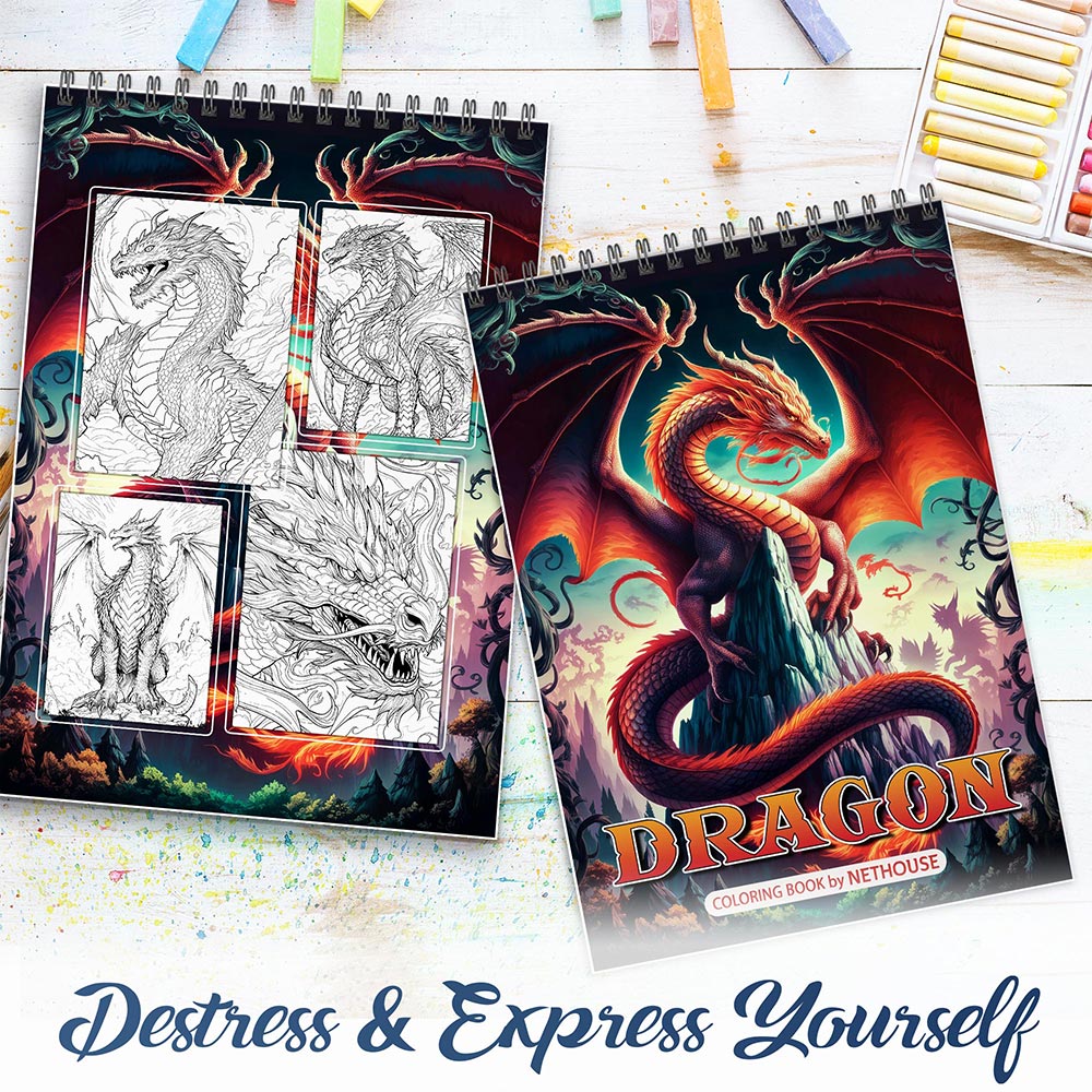 NETHOUSE Dragon Spiral Coloring Book for Adults Relaxation & Stress Relief, 30 Coloring Pages of Legendary Dragons, Fantasy Landscapes, Intricate Scales, Epic Mythical Illustrations
