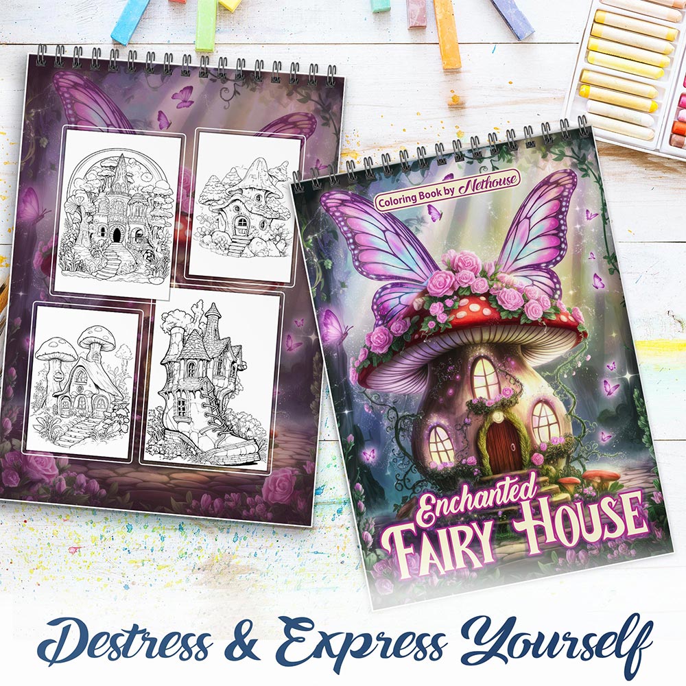 NETHOUSE Enchanted Fairy House Spiral Coloring Book For Adults