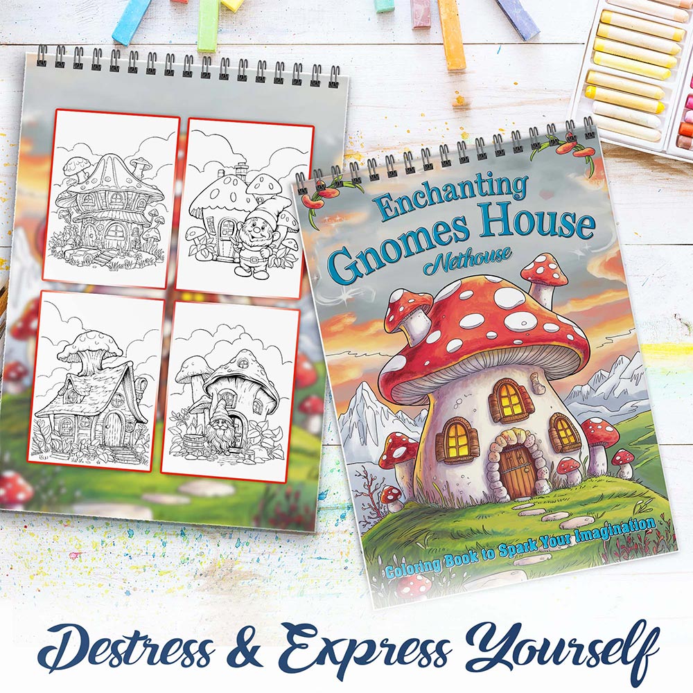 NETHOUSE Enchanting Gnomes House Spiral Coloring Book for Adults