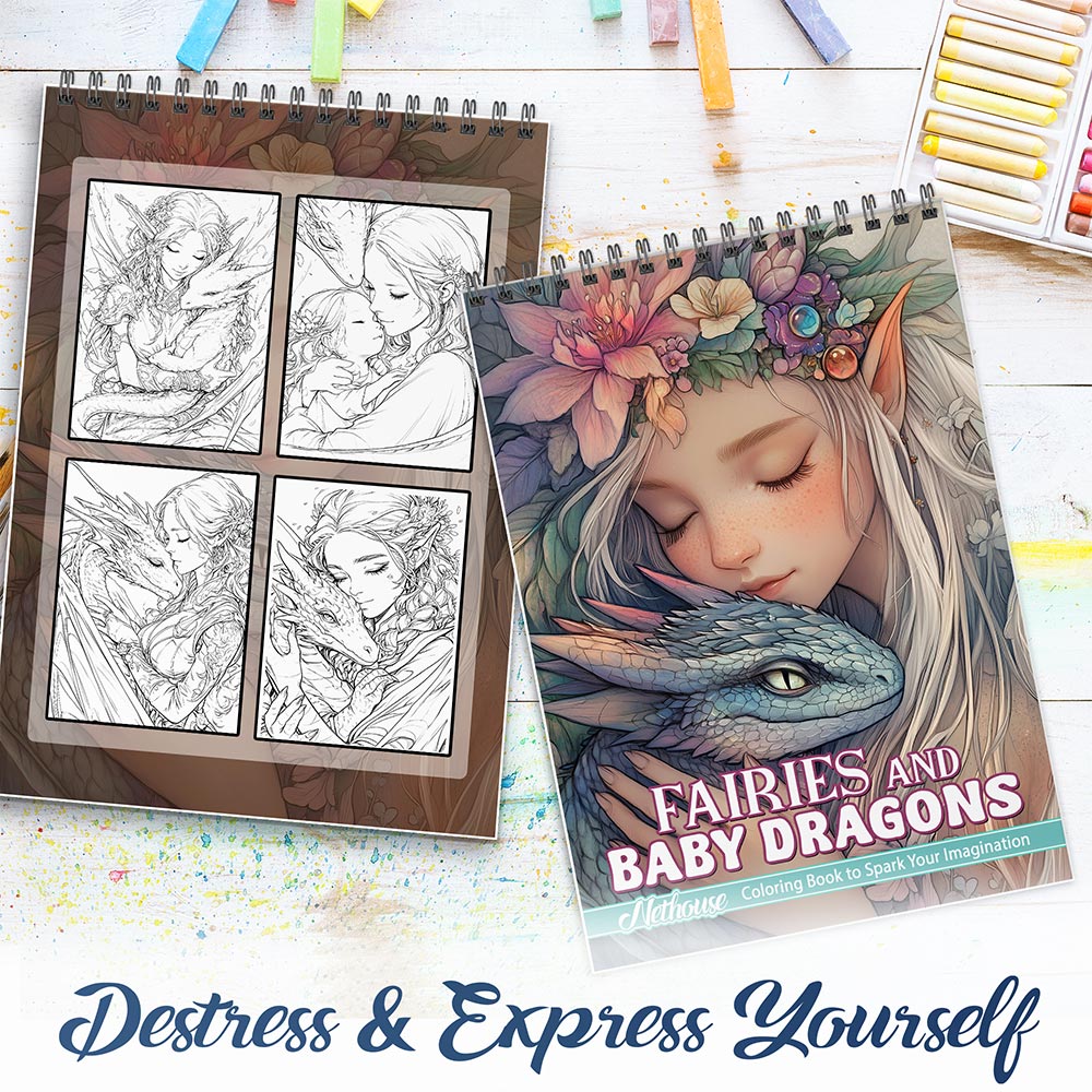 NETHOUSE Fairies and Baby Dragons Spiral Coloring Book For Adults