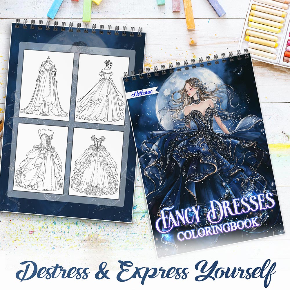 NETHOUSE Fancy Dresses Coloring Book For Adults Relaxation & Stress Relief, 30 Coloring Pages of Elegant Gowns, Fashion Outfits, Stylish Party Wear, and Glamorous Evening Dresses