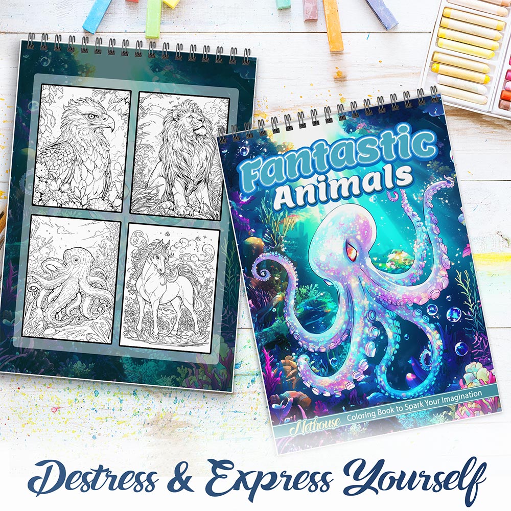 NETHOUSE Fantastic Animals Spiral Coloring Book For Adults