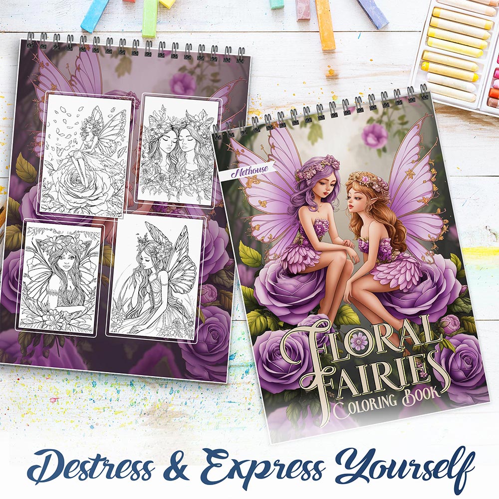 NETHOUSE Floral Fairies Spiral Coloring Book For Adults
